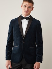 Navy Blue Slim Printed Velvet Jacket - Image 1 of 9