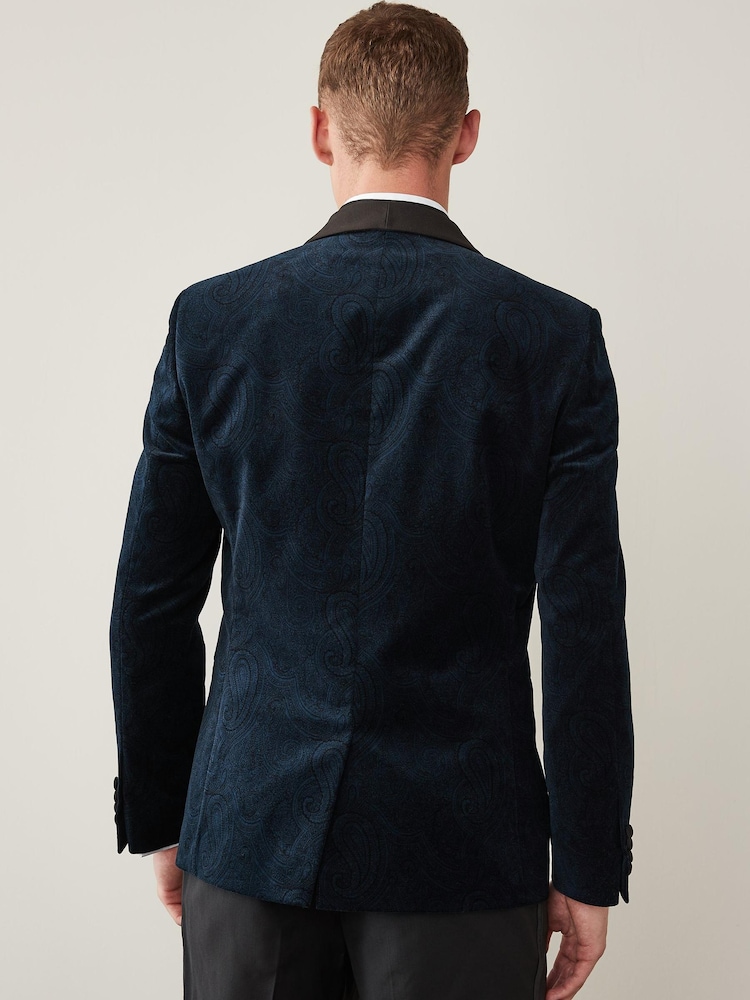 Navy Blue Slim Printed Velvet Jacket - Image 2 of 9
