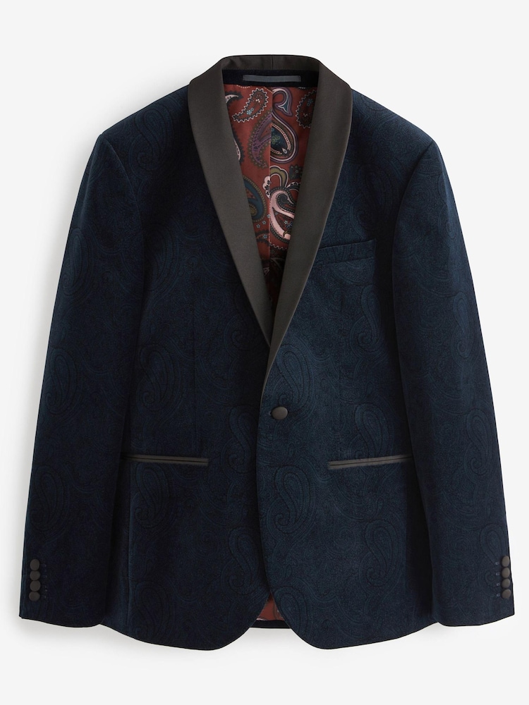Navy Blue Slim Printed Velvet Jacket - Image 6 of 9