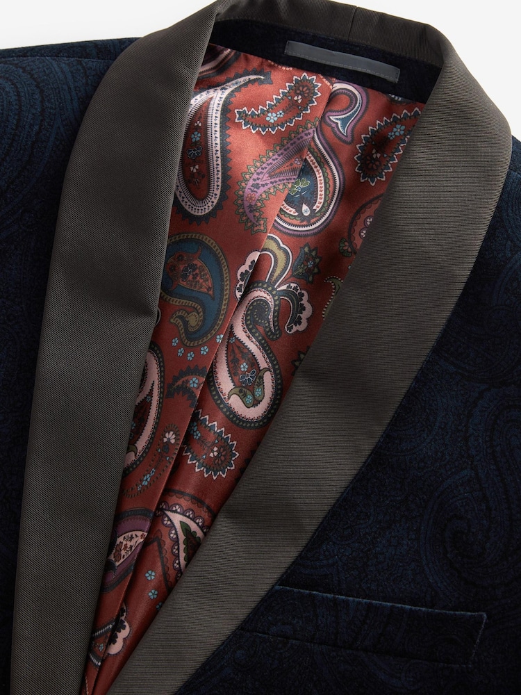 Navy Blue Slim Printed Velvet Jacket - Image 7 of 9