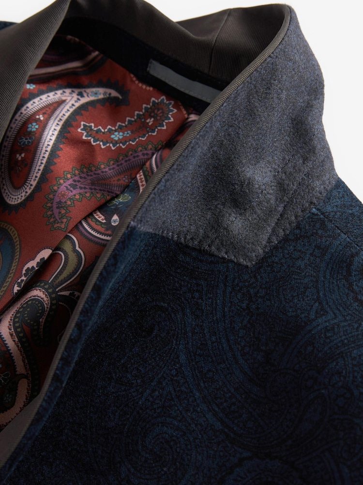 Navy Blue Slim Printed Velvet Jacket - Image 8 of 9