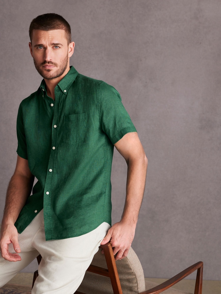 Green Standard Collar Signature 100% Linen Short Sleeve Shirt - Image 1 of 8