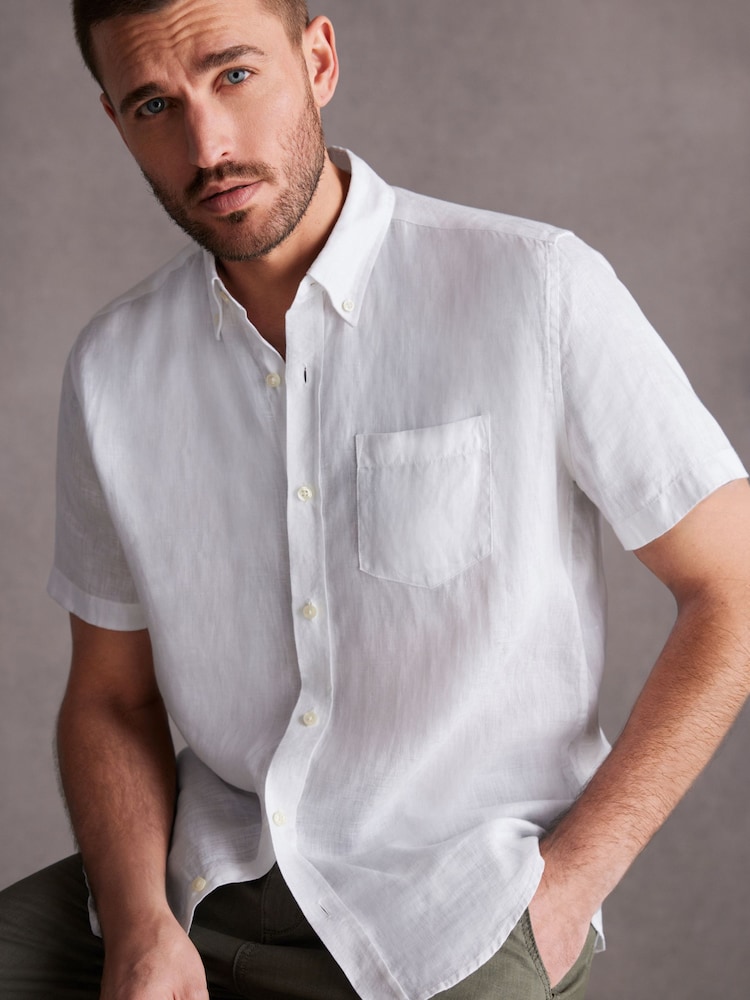 White Signature 100% Linen Short Sleeve Oxford Shirt - Image 1 of 9