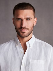 White Signature 100% Linen Short Sleeve Oxford Shirt - Image 5 of 9
