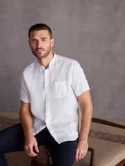 White Grandad Collar Signature 100% Linen Short Sleeve Shirt - Image 1 of 8