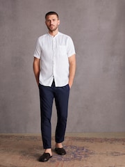 White Grandad Collar Signature 100% Linen Short Sleeve Shirt - Image 2 of 8