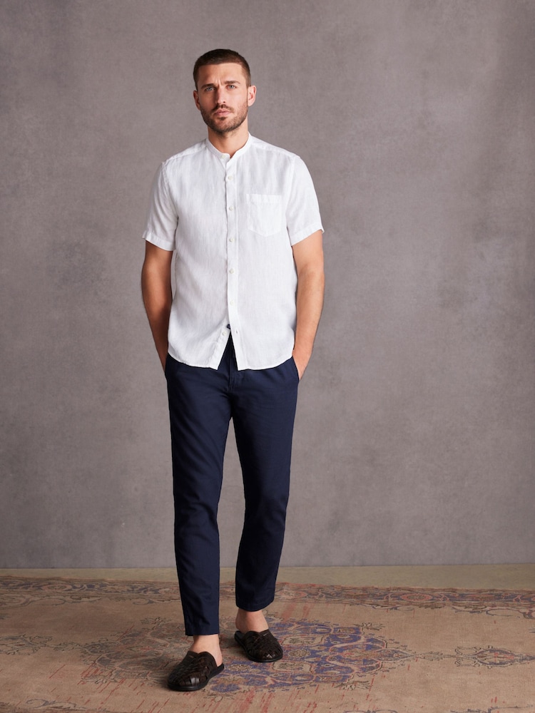 White Grandad Collar Signature 100% Linen Short Sleeve Shirt - Image 2 of 8