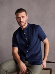 Navy Blue Grandad Collar Signature 100% Linen Short Sleeve Shirt - Image 1 of 7