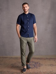 Navy Blue Grandad Collar Signature 100% Linen Short Sleeve Shirt - Image 2 of 7