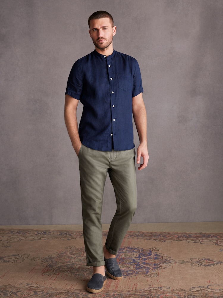 Navy Blue Grandad Collar Signature 100% Linen Short Sleeve Shirt - Image 2 of 7