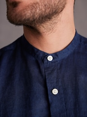 Navy Blue Grandad Collar Signature 100% Linen Short Sleeve Shirt - Image 5 of 7