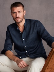 Navy Grandad Collar Signature 100% Linen Long Sleeve Shirt - Image 1 of 8