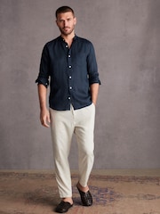 Navy Grandad Collar Signature 100% Linen Long Sleeve Shirt - Image 2 of 8