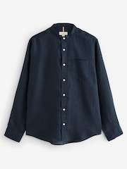 Navy Grandad Collar Signature 100% Linen Long Sleeve Shirt - Image 6 of 8