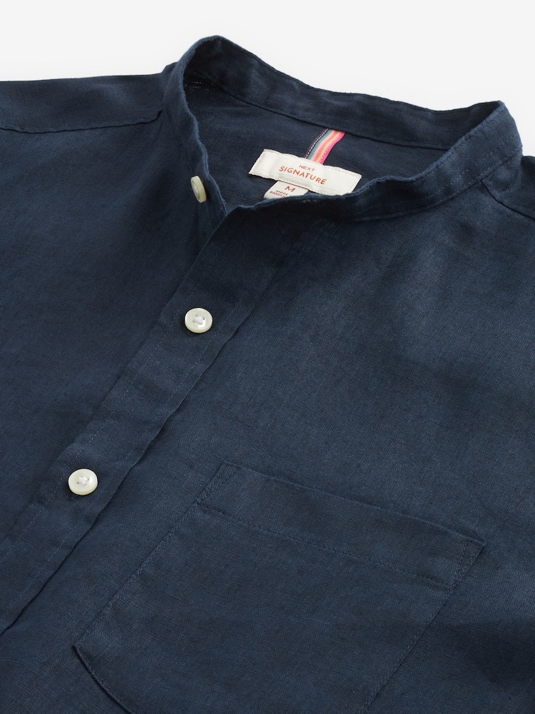 Navy Grandad Collar Signature 100% Linen Long Sleeve Shirt - Image 8 of 8