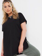 Simply Be Black Split Side 100% Cotton Crew Neck T-Shirt - Image 1 of 4
