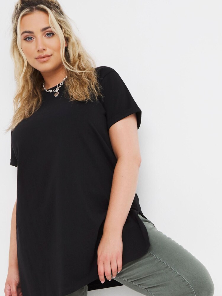 Simply Be Black Split Side 100% Cotton Crew Neck T-Shirt - Image 1 of 4 Simply Be Black Split Side 100% Cotton Crew Neck T-Shirt - Image 1 of 4