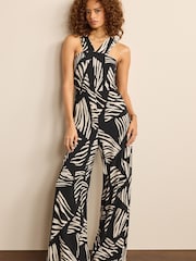 Abstract Black/White V-Neck Wide Leg Sleeveless Jumpsuit - Image 1 of 4