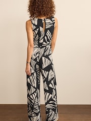 Abstract Black/White V-Neck Wide Leg Sleeveless Jumpsuit - Image 2 of 4