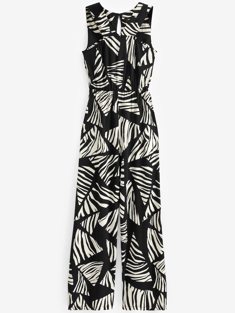 Abstract Black/White V-Neck Wide Leg Sleeveless Jumpsuit - Image 4 of 4
