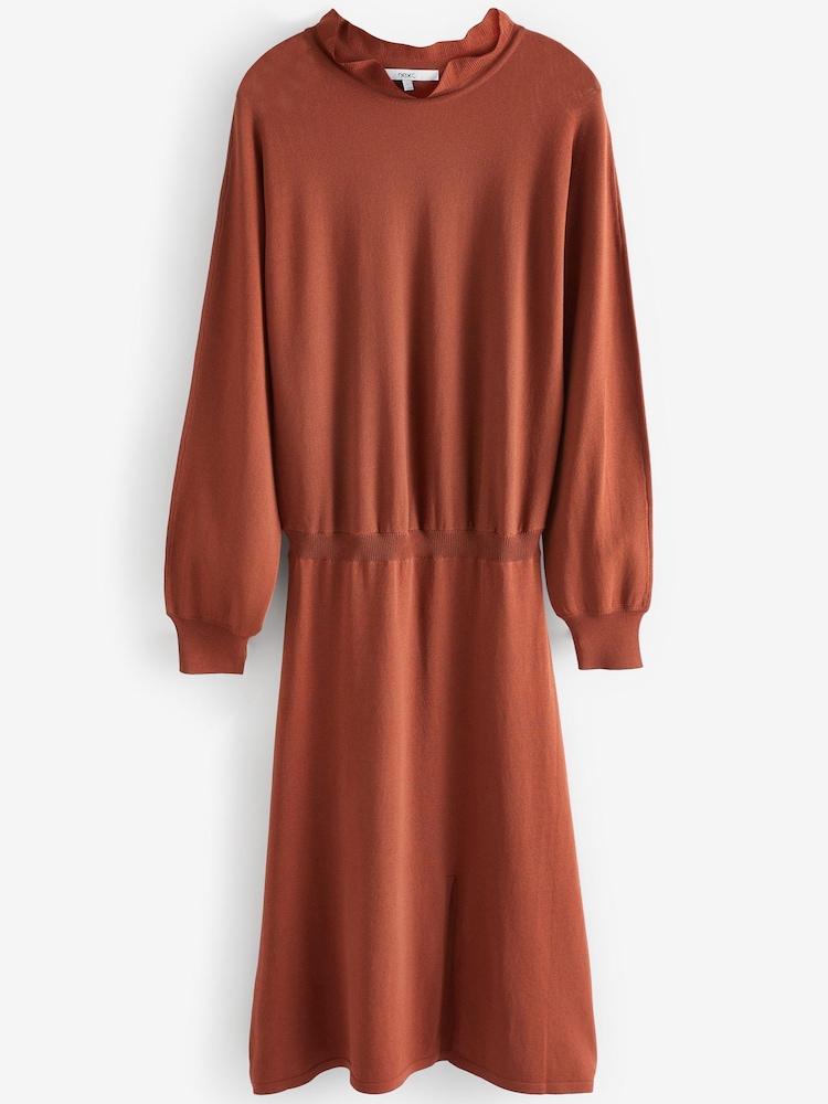 Rostbraun - Pullover-Strickkleid mit Kräuselkragen - Bild 5 von 5