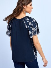 Navy Blue/White Kaftan Broderie Short Sleeve Top - Image 3 of 5
