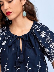 Navy Blue/White Kaftan Broderie Short Sleeve Top - Image 4 of 5