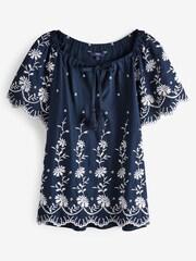 Navy Blue/White Kaftan Broderie Short Sleeve Top - Image 5 of 5