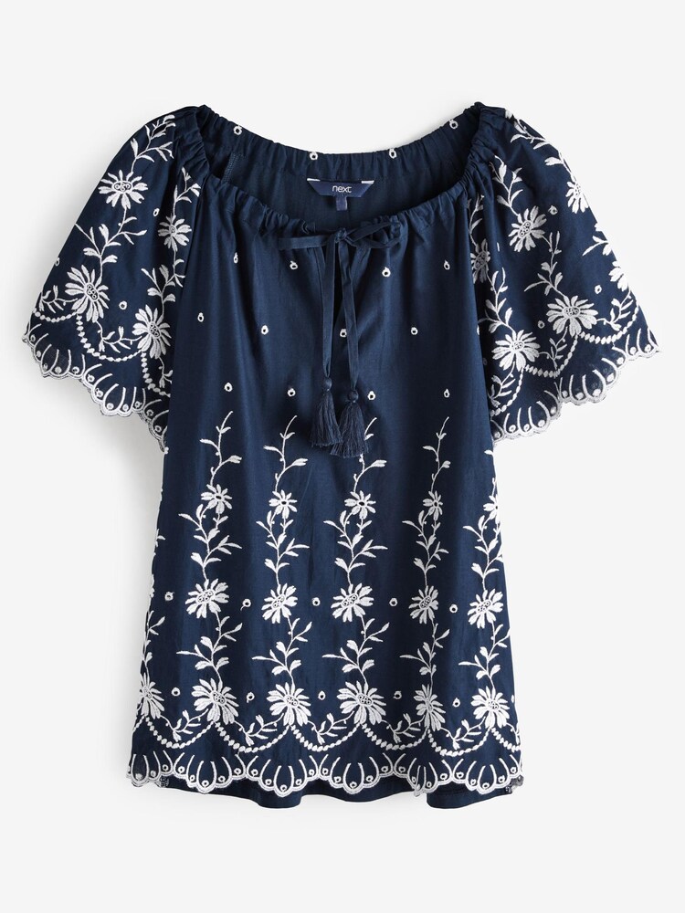 Navy Blue/White Kaftan Broderie Short Sleeve Top - Image 5 of 5