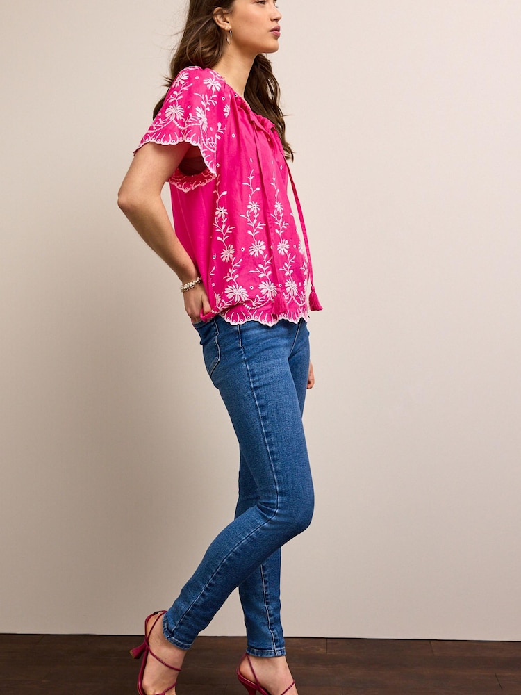 Pink Embroidered Short Sleeve Woven Mix Kaftan Top - Image 2 of 5 Pink Embroidered Short Sleeve Woven Mix Kaftan Top - Image 2 of 5