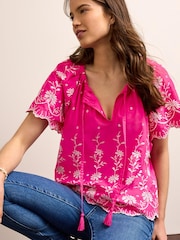 Pink Embroidered Short Sleeve Woven Mix Kaftan Top - Image 3 of 5