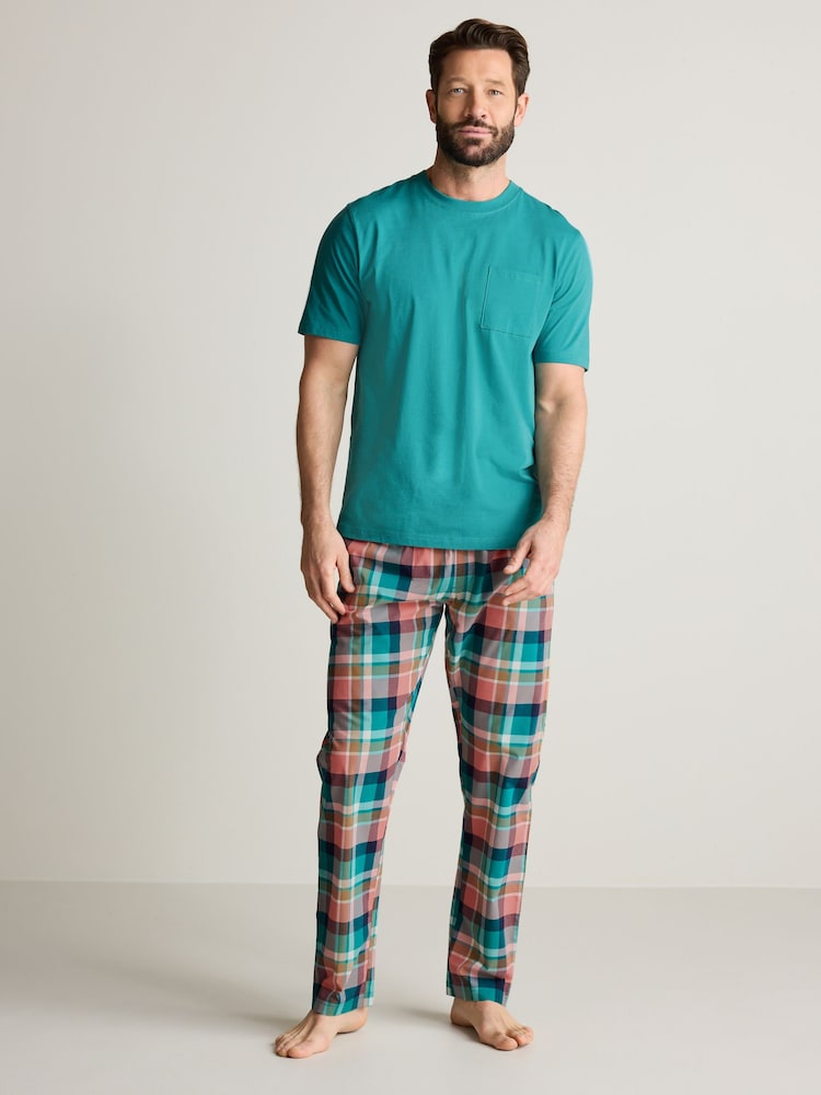 Teal Blue/Pink Check Lightweight Pyjamas Set - Image 1 of 9