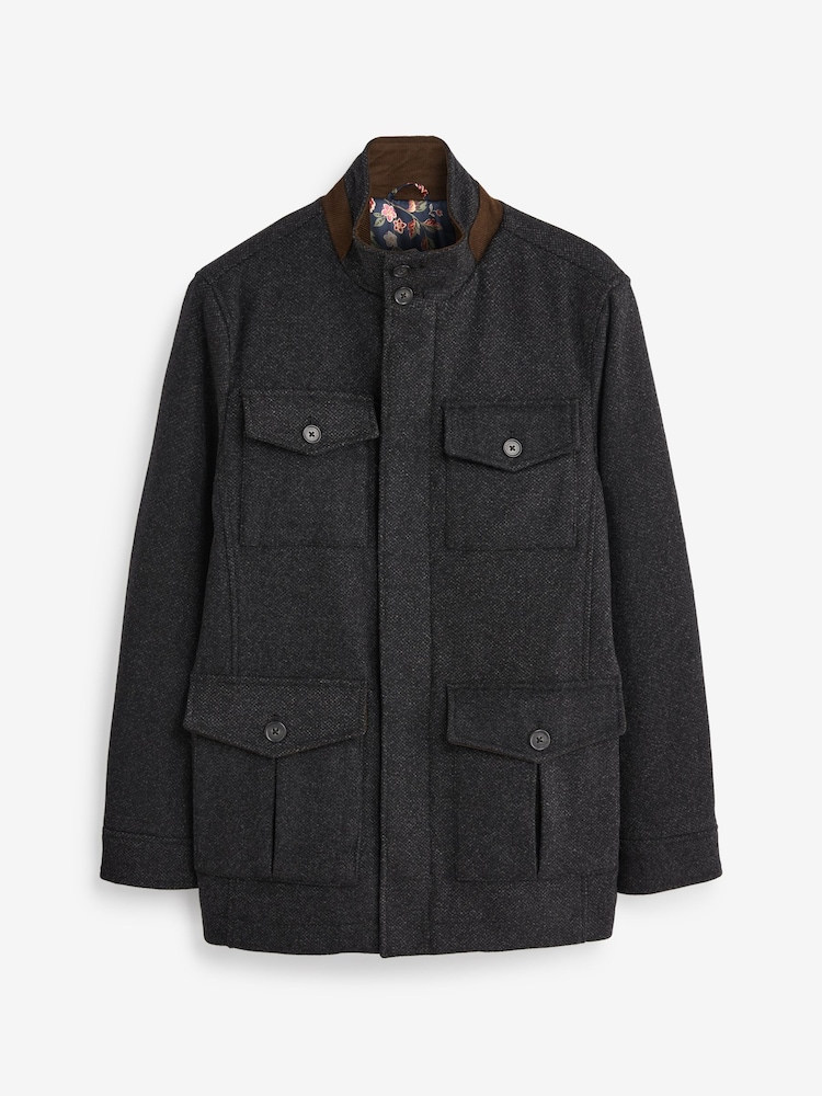 Gris de charbon de bois - Manteau à col cheminée avec quatre poches - Image 1 of 6