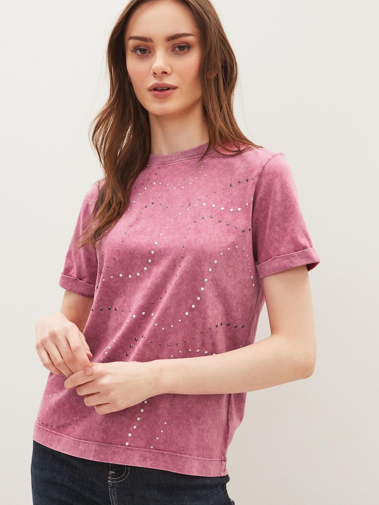 Berry Red Stud Embellished 100% Cotton Short Sleeve T-Shirt - Image 1 of 4