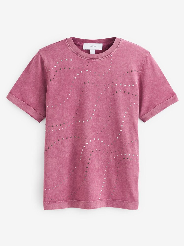 Berry Red Stud Embellished 100% Cotton Short Sleeve T-Shirt - Image 4 of 4 Berry Red Stud Embellished 100% Cotton Short Sleeve T-Shirt - Image 4 of 4