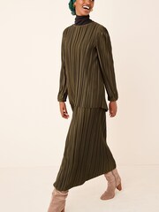 Khaki Green Satin Plissé Layered Longline Dress - Image 1 of 5