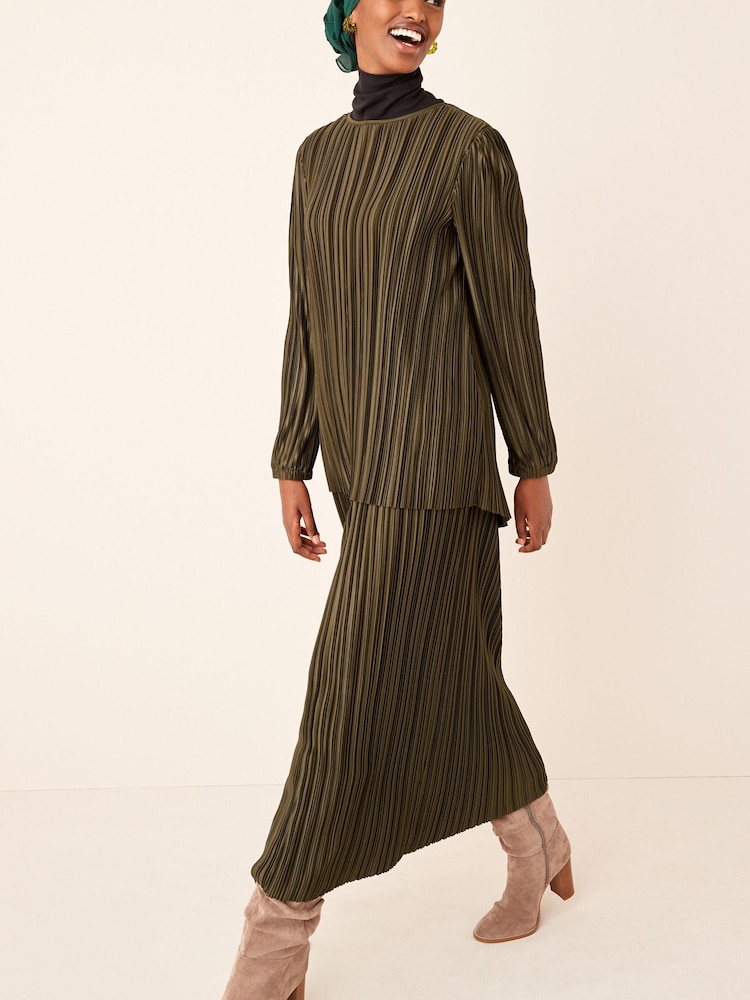 Khaki Green Satin Plissé Layered Longline Dress - Image 1 of 5