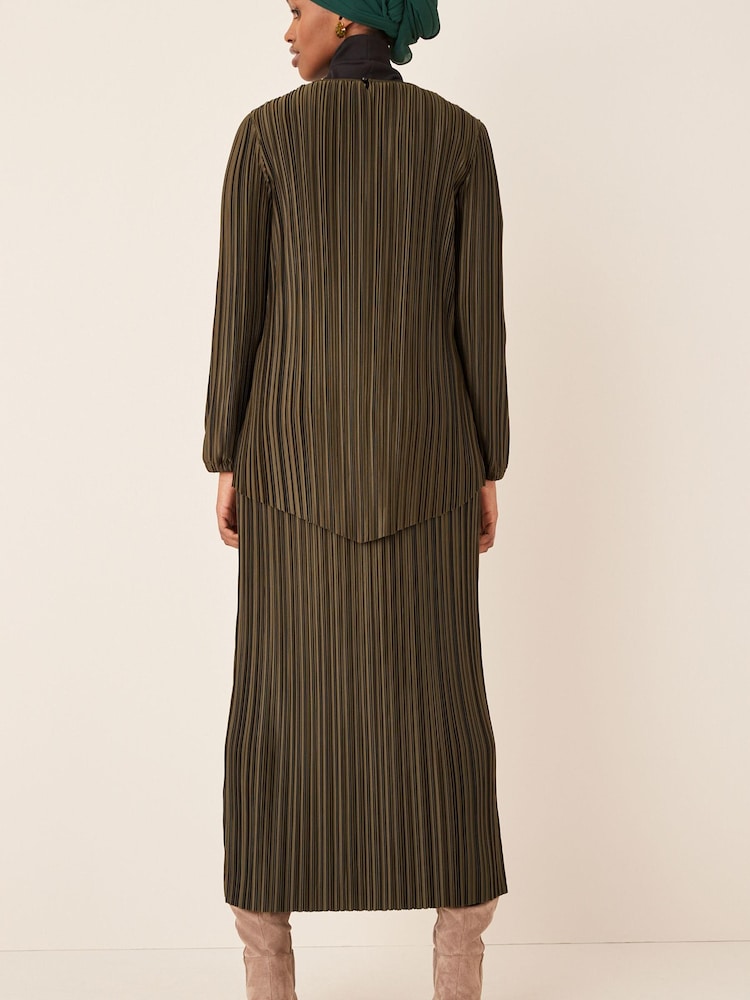 Khaki Green Satin Plissé Layered Longline Dress - Image 2 of 5