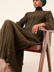 Khaki Green Satin Plissé Layered Longline Dress - Image 3 of 5
