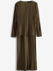 Khaki Green Satin Plissé Layered Longline Dress - Image 5 of 5