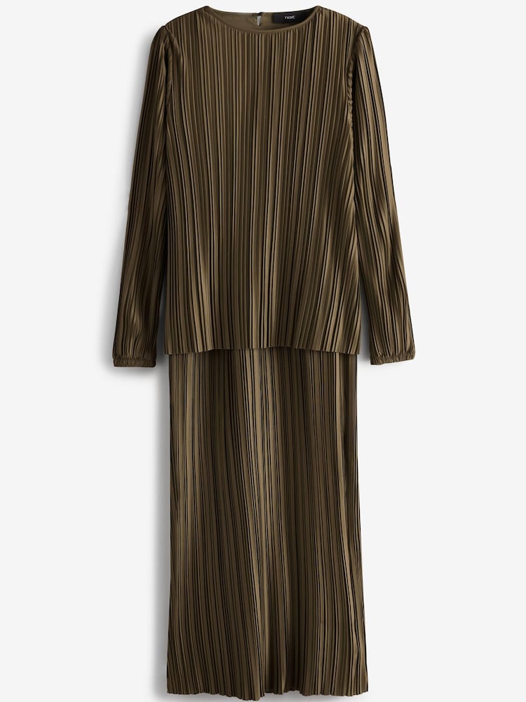 Khaki Green Satin Plissé Layered Longline Dress - Image 5 of 5