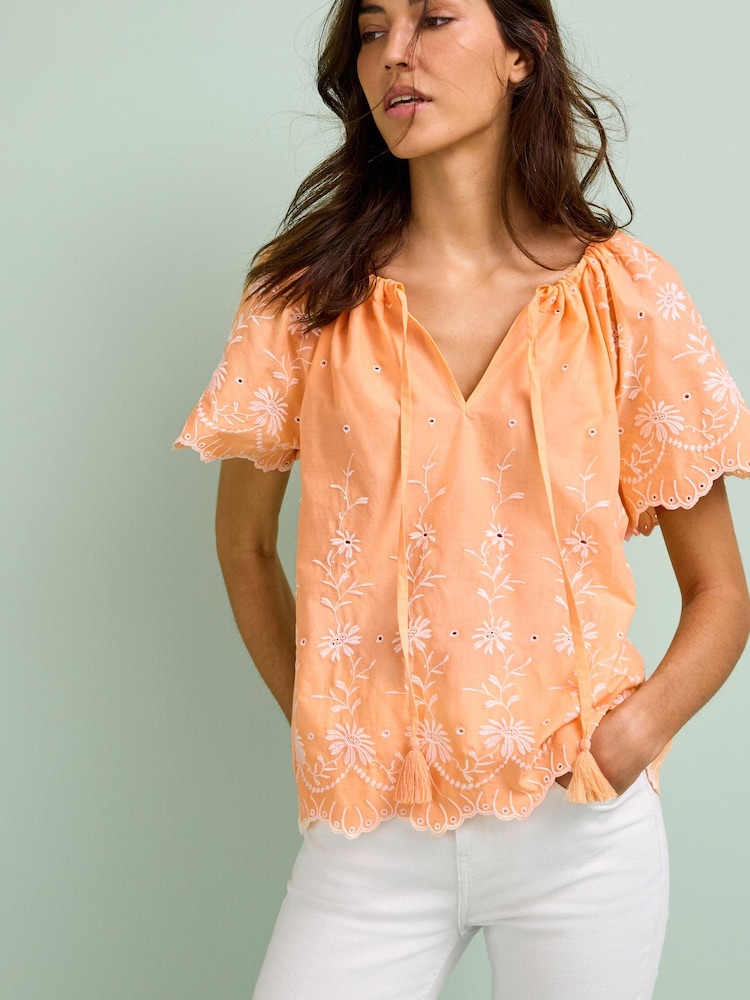Mango Orange Embroidered Short Sleeve Woven Mix Kaftan Top - Image 1 of 5