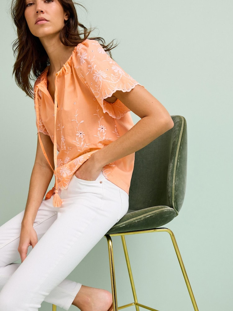 Mango Orange Embroidered Short Sleeve Woven Mix Kaftan Top - Image 2 of 5