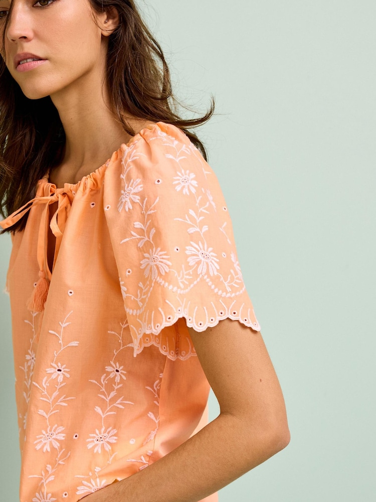 Mango Orange Embroidered Short Sleeve Woven Mix Kaftan Top - Image 4 of 5
