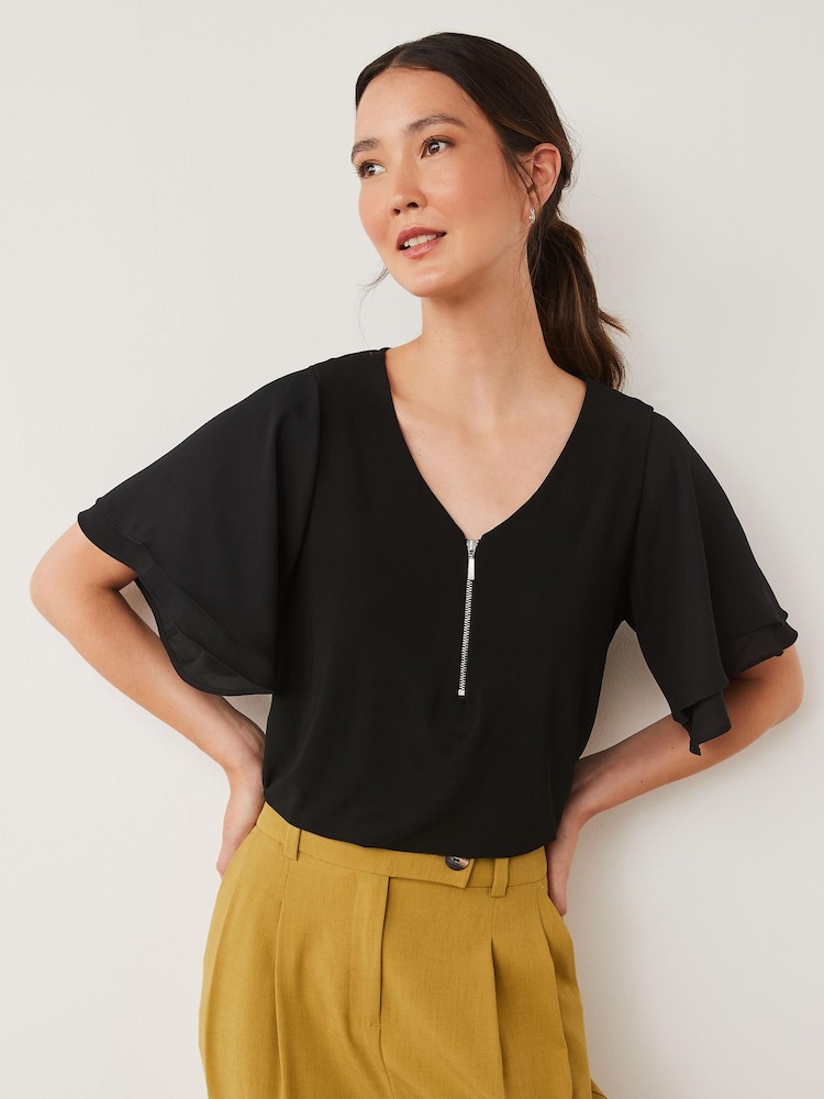 Black Flutter Short Sleeve Zip V-Neck Blouse - Image 1 of 5