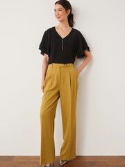 Black Flutter Short Sleeve Zip V-Neck Blouse - Image 2 of 5