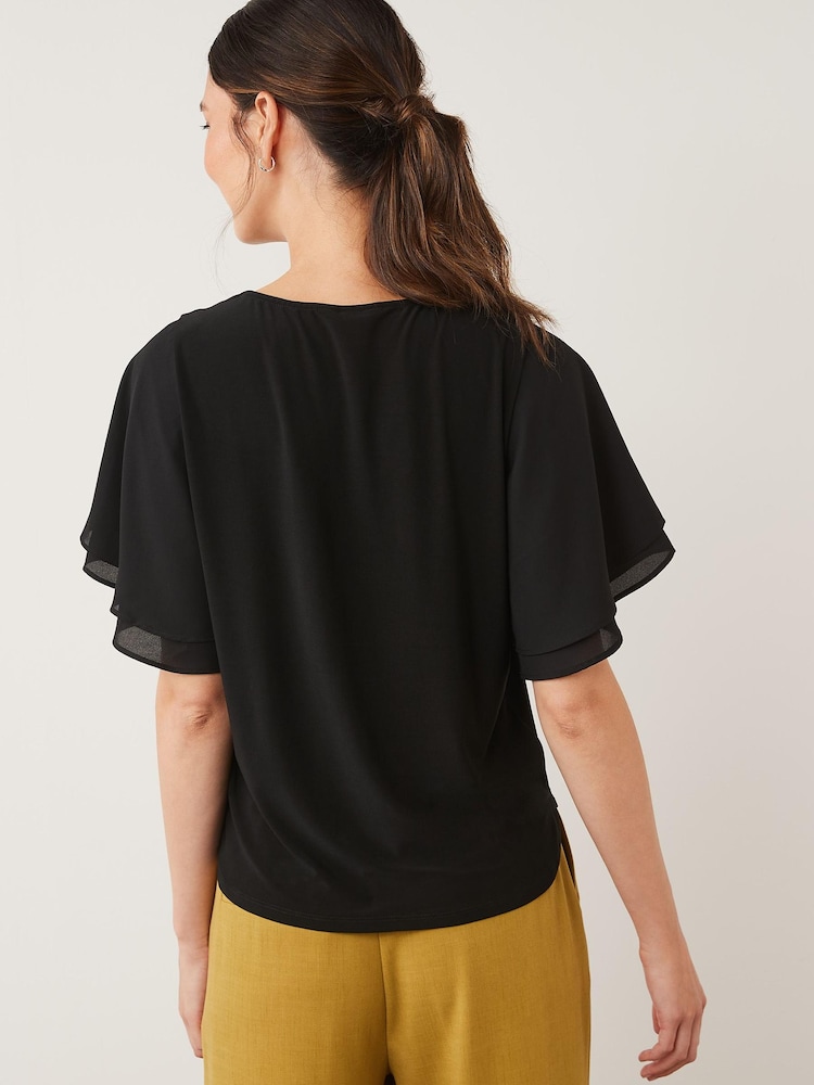 Black Flutter Short Sleeve Zip V-Neck Blouse - Image 3 of 5