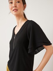 Black Flutter Short Sleeve Zip V-Neck Blouse - Image 4 of 5