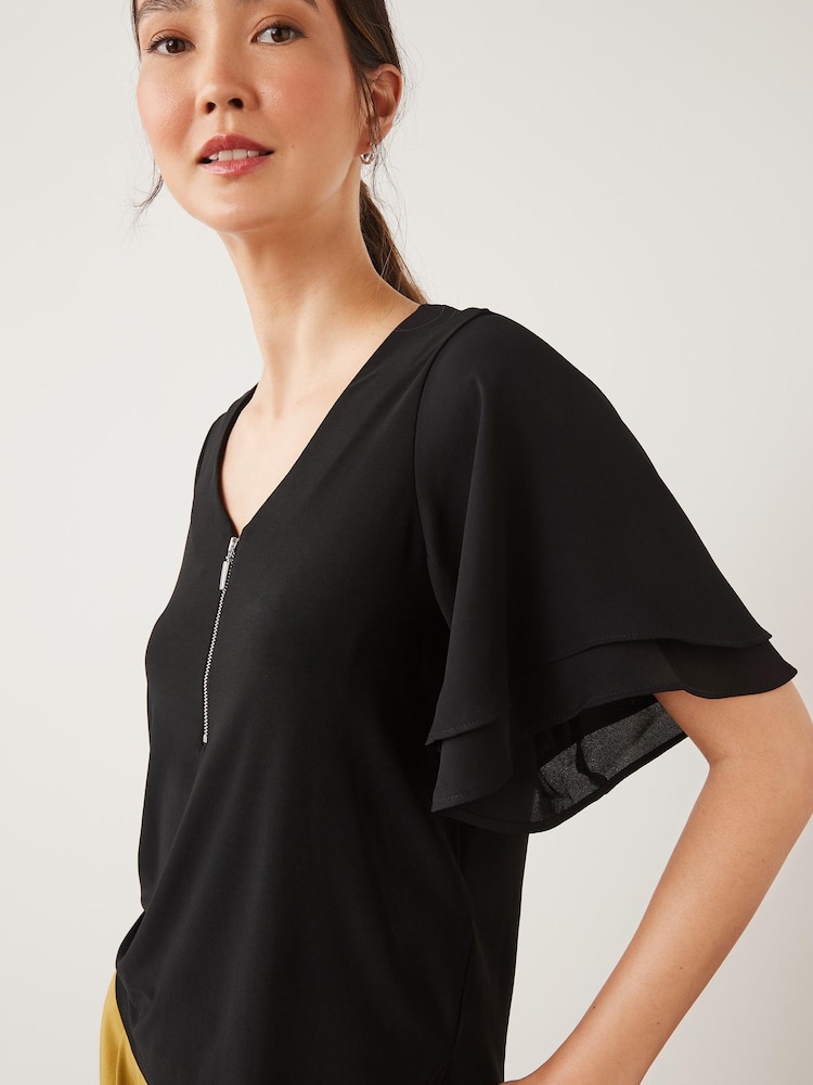 Black Flutter Short Sleeve Zip V-Neck Blouse - Image 4 of 5