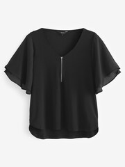 Black Flutter Short Sleeve Zip V-Neck Blouse - Image 5 of 5